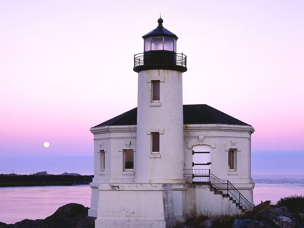 Coquille River Lighthouse and Moonset, Bullard's Beach State Park, Oregon